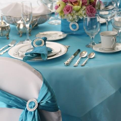 CWTurqRhinestoneTablescape 150x150 Tablescapes Turquoise Wedding Linens
